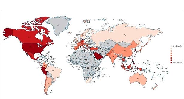 Mapa da Empatia nos países. Vermelhos fortes: grande empatia - tonalidades fracas: pouca.
