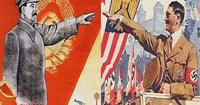 Stalin do lado esquerda veremelho e Hitler do lado direito camisa parda
